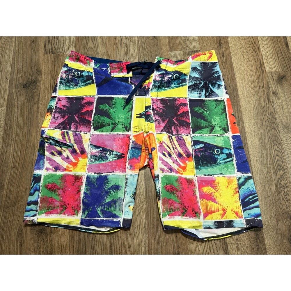 Salt Life SLX-QD Swim Trunks, Men's Size 34, Multicolor, Fish, Pine Tree, Island